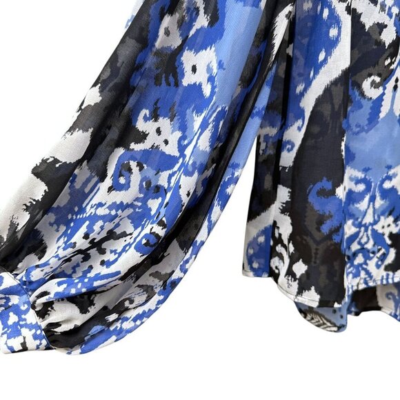 CHICO'S Trapunto Blouse Size 12 / L (Chicos 2) Blue Black Ikat Flowy Chiffon NWT - Picture 8 of 14